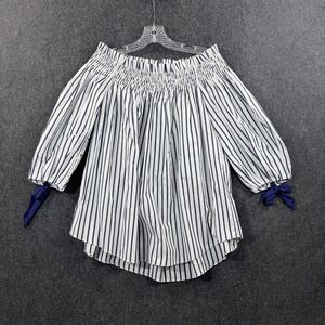Caroline Constas Blouse Women's Small White Blue Striped Off Shoulder Bows